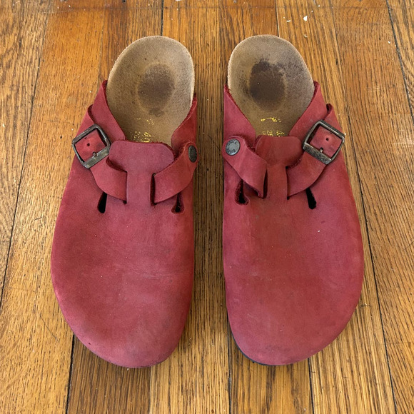 Birkenstock Shoes - Birkenstock Boston Red Suede Slip-On Clogs Size 10  40
